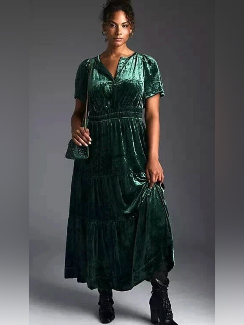 Anthropologie Deep Green Velvet Tiered Maxi Dress